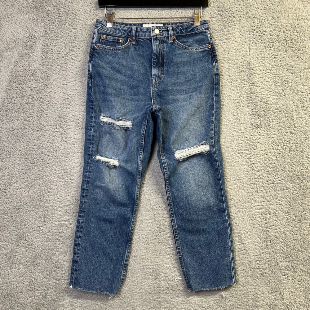 Topshop Jeans Women Blue Denim W28 L30 Straight Cropped Raw Hem Distressed
